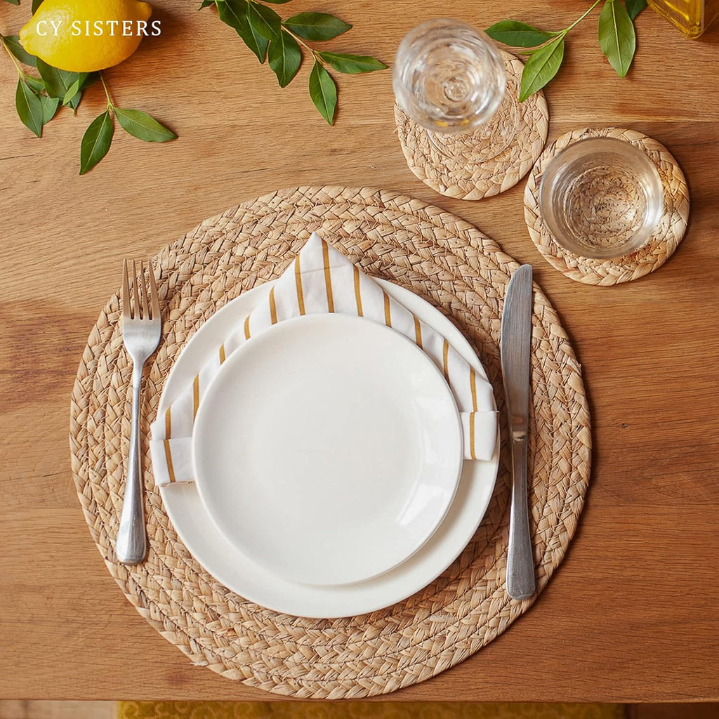 Woven Placemats round Placemats Set of 6, 13.5 Inch Wicker Placemat Circle Rattan Placemats Farmhouse Boho Braided Natural Water Hyacinth Place Mats for Indoor & Outdoor Table Decor