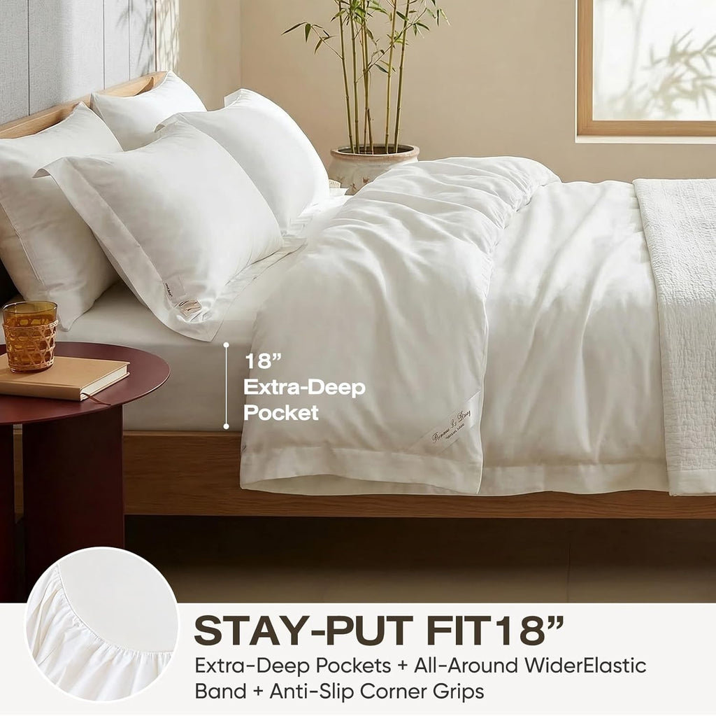 Real 100% Viscose Derived from Bamboo Sheets Set Queen Size, Cooling & Silky Soft for Hot Sleeper, Luxury with Breathable & Moisture Wicking Fabric, 18" Deep Pocket with Corner Straps (White,Queen)