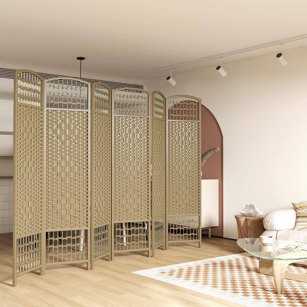 5.6 Ft. Natural Wood Folding Privacy Screen, 6 Panel Room Divider, Wave Fiber Freestanding Partition Wall Divider