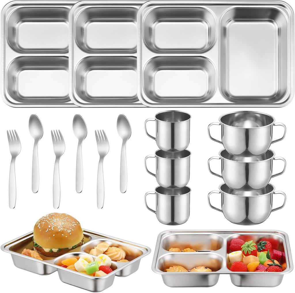 15 Pcs 304 Stainless Steel Kids Dinnerware Set Unbreakable Non-Toxic Plates and Bowls Set Divided Plates Cups Bowls Forks and Spoons 3 Compartment Dinner Dish for Babies Toddlers and Kids