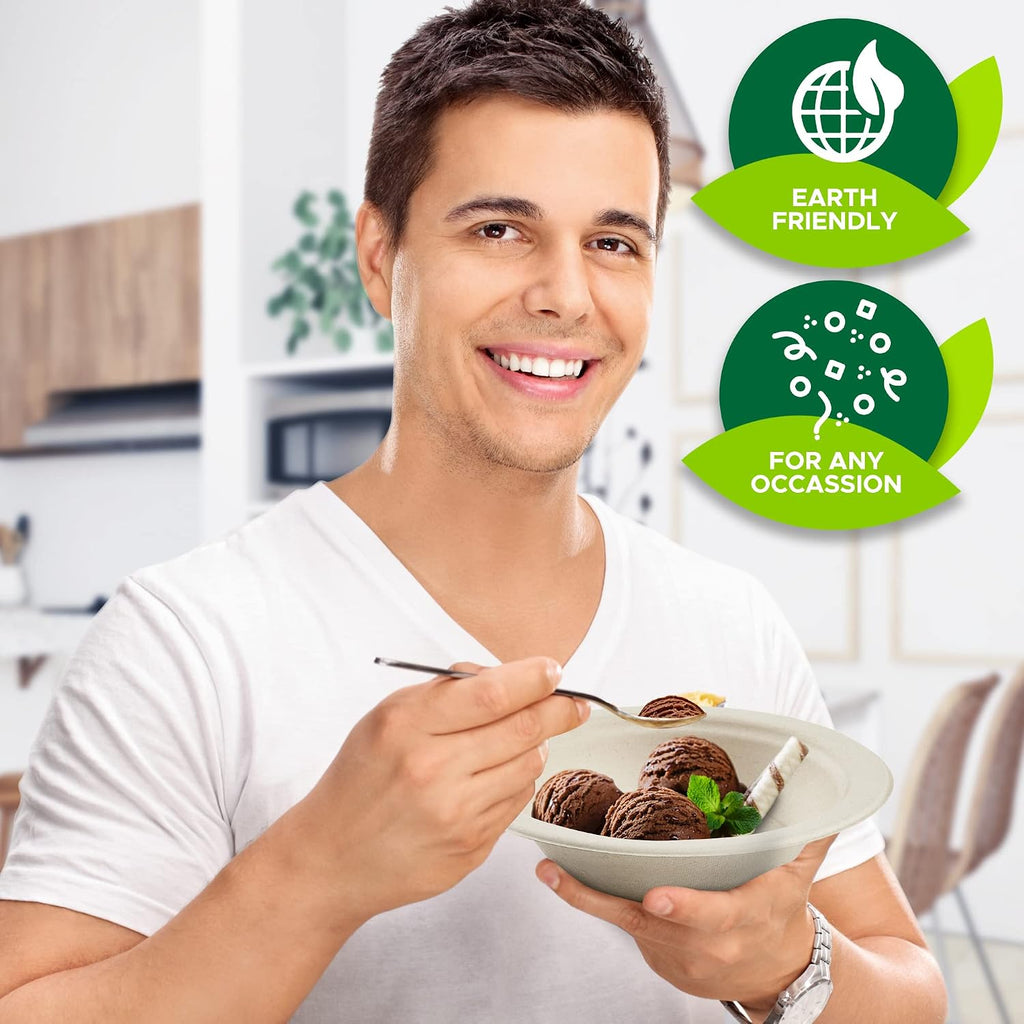 100% Biodegradable Sugarcane Bowls [Pack of 50] 12 Oz. Natural Compostable Soup Bowls- Planet-Friendly Bagasse Bowls for Hot & Cold Uses- Heavy-Duty Disposable Microwavable Paper Serving Bowls