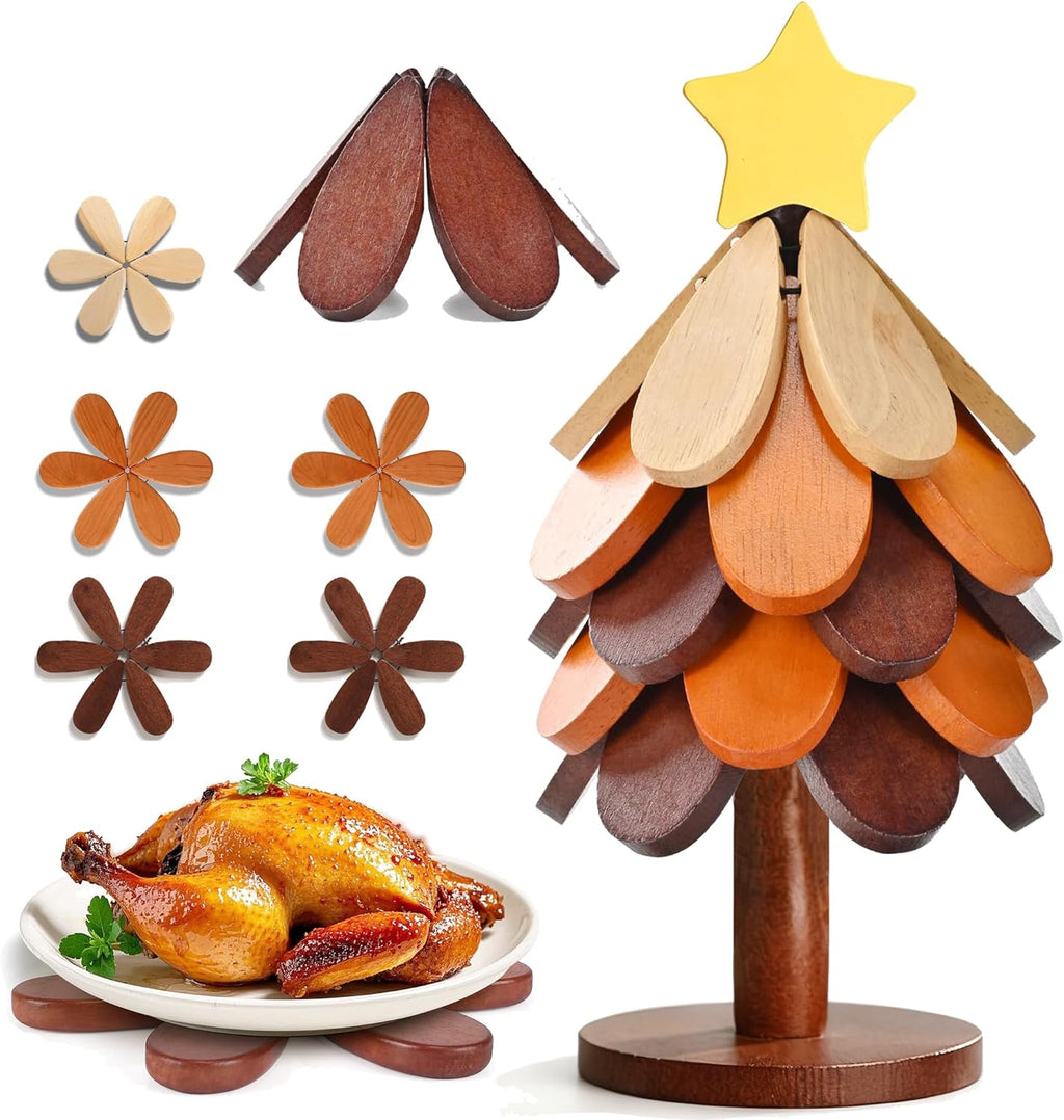 Wooden Christmas Tree Trivet Set of 5 + Stand, Foldable Heat Resistant Wood Mats for Hot Dishes & Pots, Decorative Kitchen Table Countertop Protector, Holiday Home Decor & Housewarming Gift