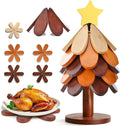 Wooden Christmas Tree Trivet Set of 5 + Stand, Foldable Heat Resistant Wood Mats for Hot Dishes & Pots, Decorative Kitchen Table Countertop Protector, Holiday Home Decor & Housewarming Gift