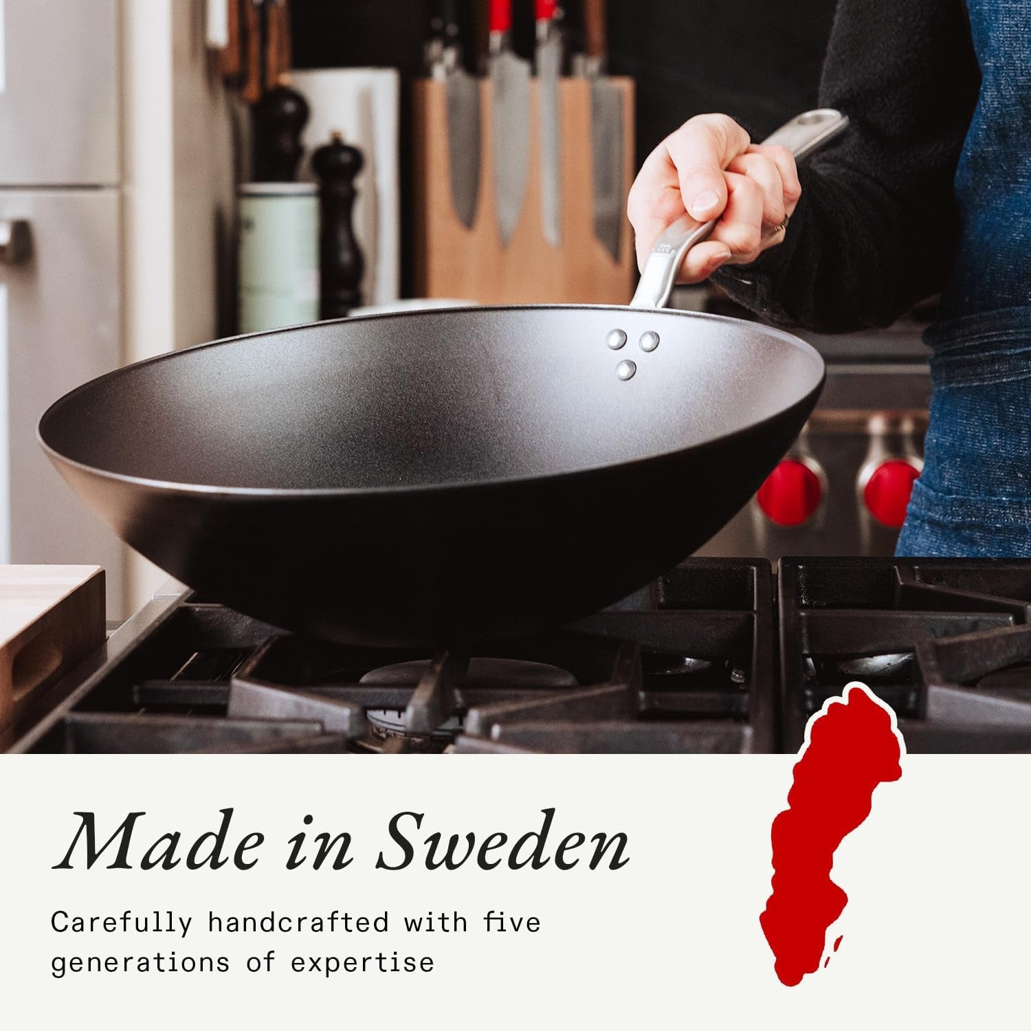 Made in Cookware - 13" Seasoned Carbon Steel Wok - Professional Cookware - Crafted in Sweden - Induction Compatible