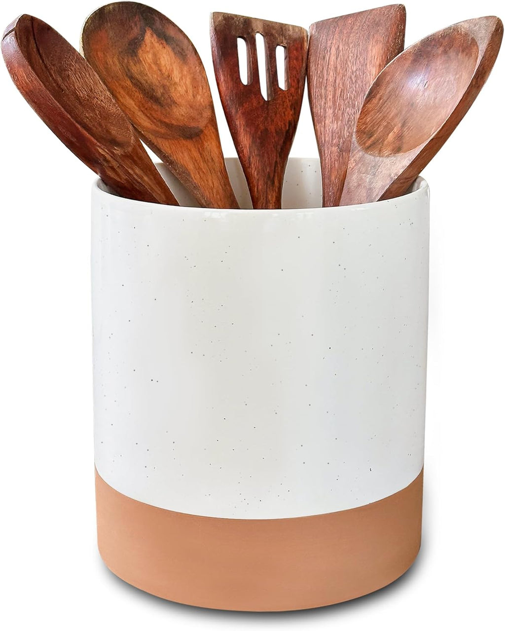 Ceramic Kitchen Utensil Holder - Wooden Spoon & Spatula Crock for Countertop, Modern Farmhouse Home Decor, Extra Large 7.3" Cooking Organizer for Stove Top and Counter - Heavy & Sturdy - Vanilla