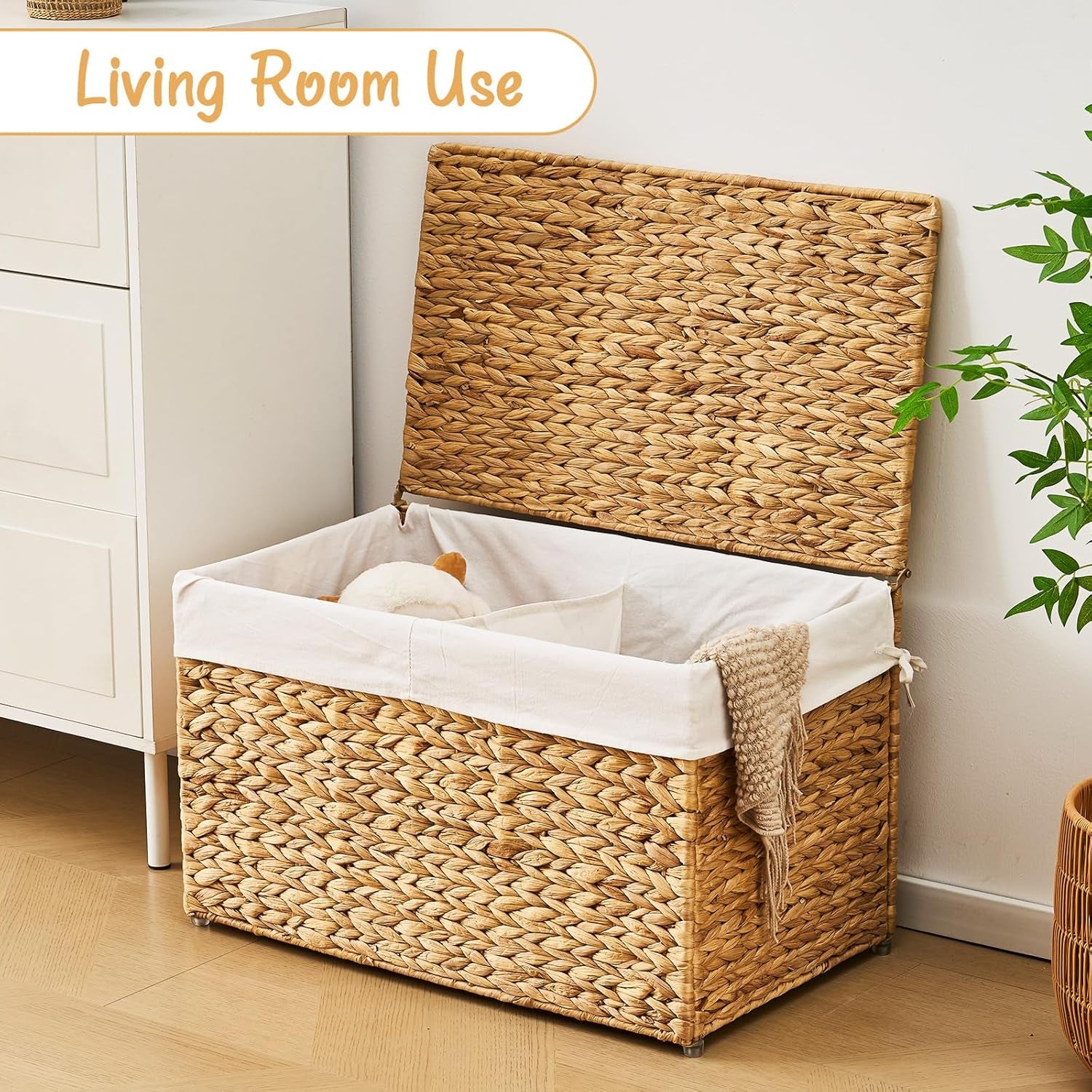 GENHOOM Storage Basket with Lid, Woven Wicker Shelf Basket with Removable Liner, Metal Frame Rattan Storage Trunk with Handle for Laundry, Bedroom, Living Room, Office (Natural, 95L)