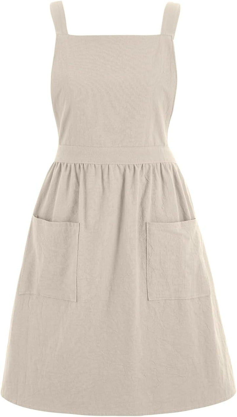 Cotton Linen Pinafore Apron Dress for Women with Pockets Cute Art Chef Aprons for Kitchen Baking Gardening Painting