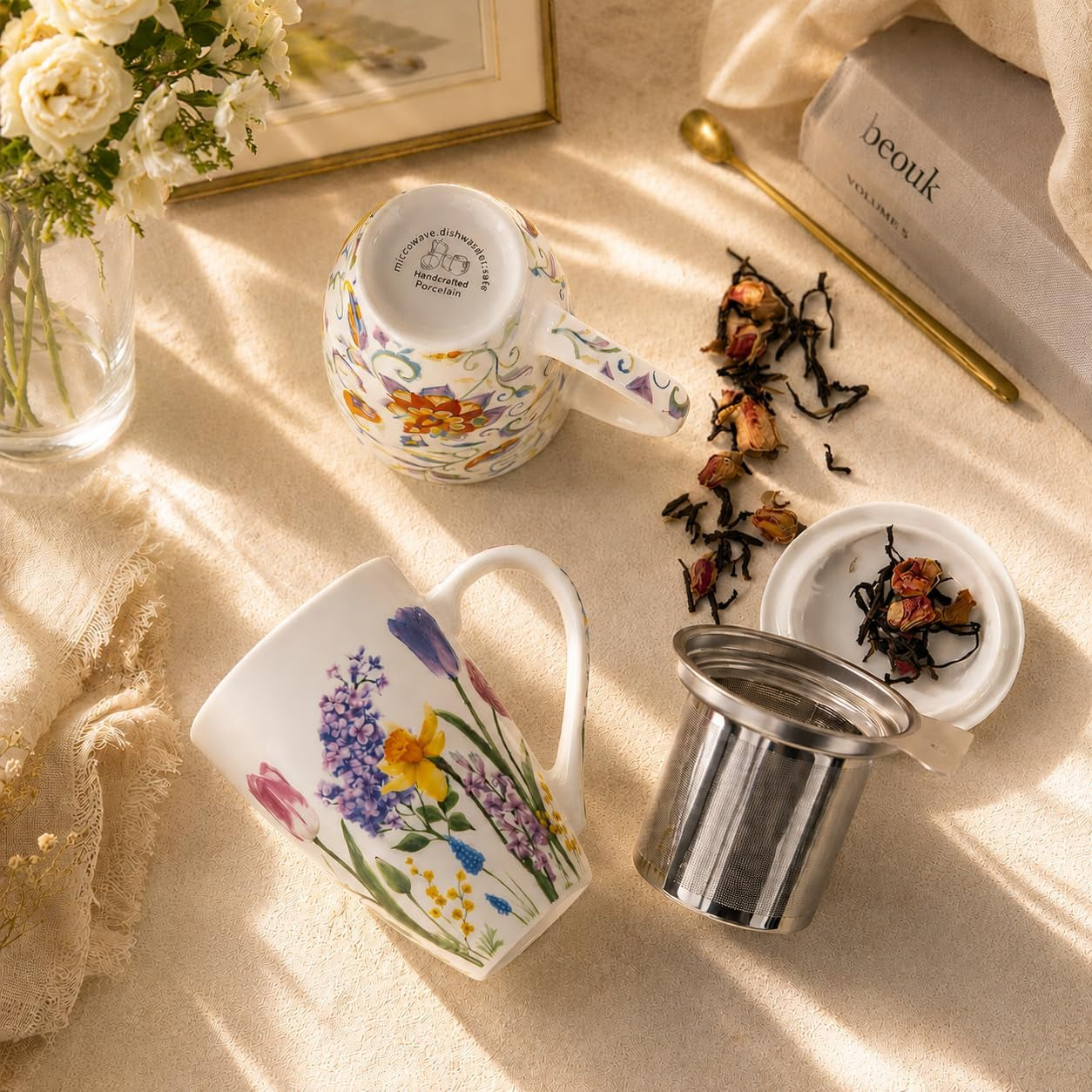 Tea Mug with Infuser and Lid, 18 Ounce Large Ceramic Loose Leaf Cup, Microwave, Dishwasher Safe, Perfect for Tea Lovers