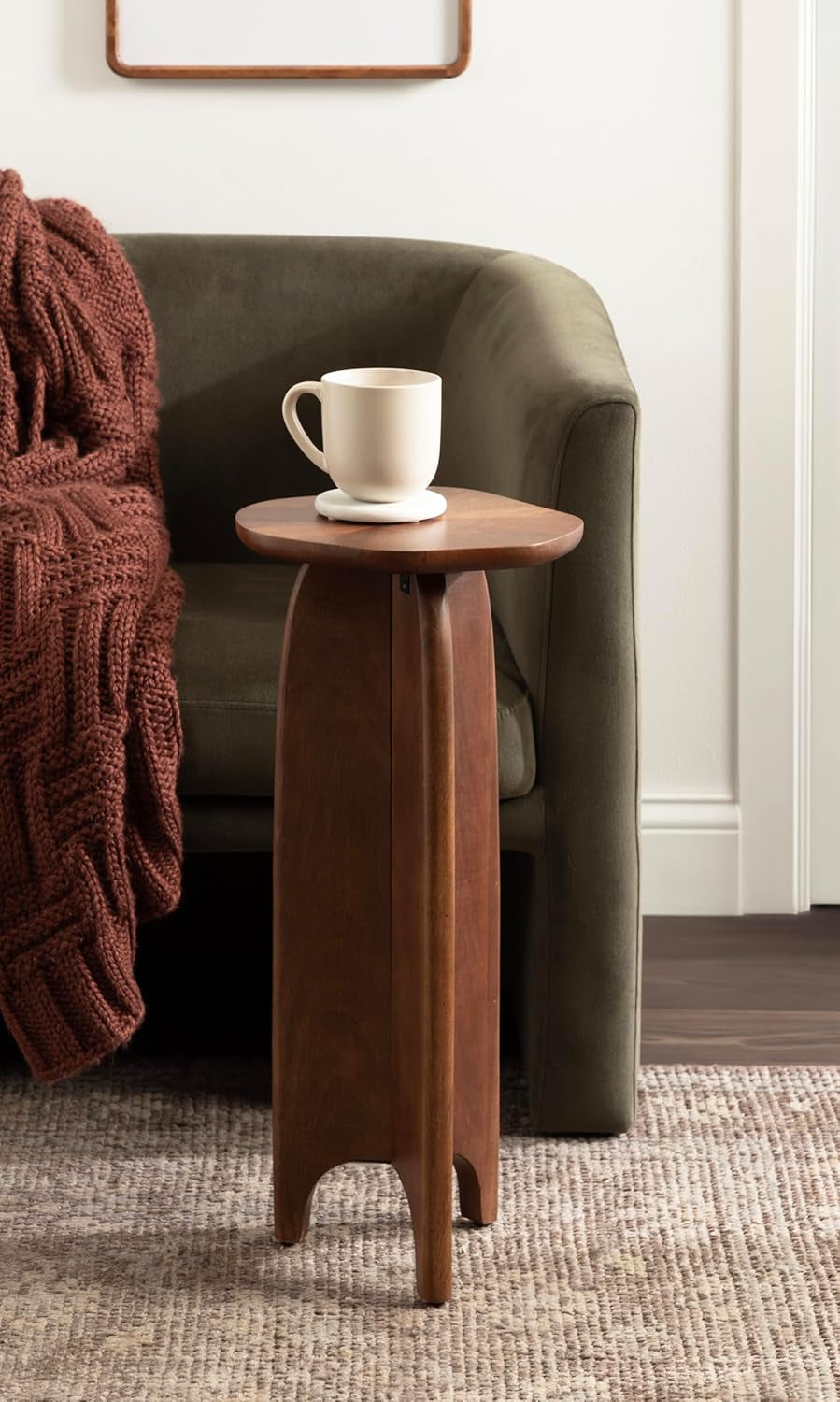 Kanna Modern Pieced Mango Wood round Drink Table, 11 X 11 X 24, Walnut Brown, Mid-Century Scalloped Wooden Mini Side Table for Use as Indoor Plant Stand or Living Room Decor Accent
