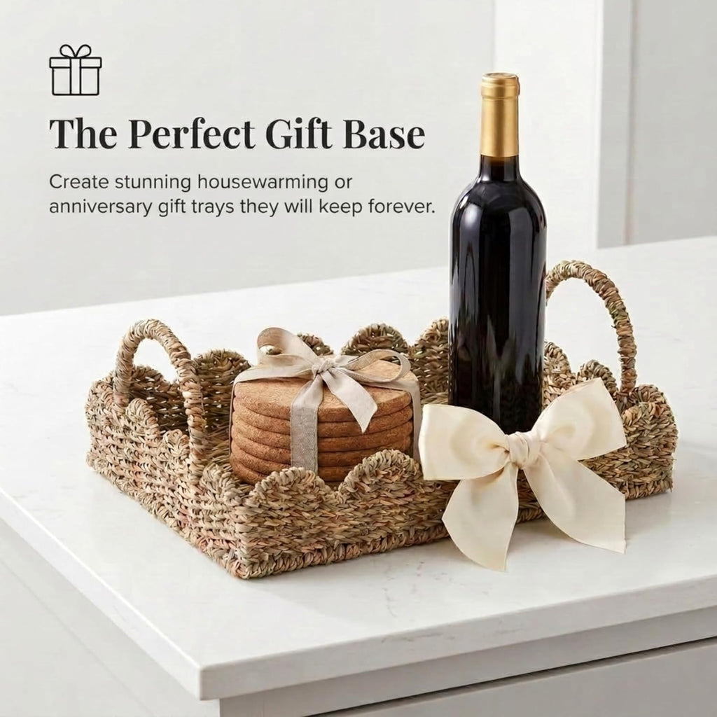 Seagrass Decorative Tray with Scalloped Edge, Handwoven Natural Wicker Organizer Basket with Handles & Iron Frame for Coffee Tables, Bathrooms & Countertops