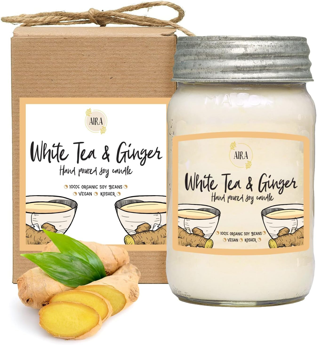 Soy Candles - Organic, Kosher, Vegan, in Mason Jar W/Therapeutic Grade Essential Oil Blends - Hand-Poured 100% Soy Candle Wax - Paraffin Free, Burns 110+ Hours - White Tea & Ginger -16 Ounces