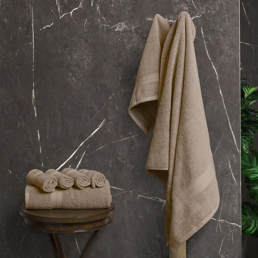 Luxury 8 Piece Beige Towels Set, 2 Bath Towels, 2 Hand Towels and 4 Washcloths, 600 GSM 100% Ring Spun Cotton Highly Absorbent Beige Bathroom Towels, Ideal for Hotel, Spa and Gym