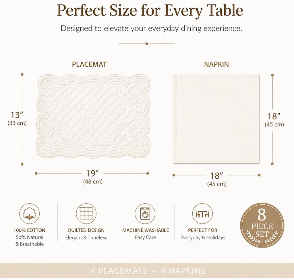 Quilted Cotton Placemats Set of 4 with Matching Napkins – Seasonal Table Linen Collection, Warm Ivory (All Season Base)