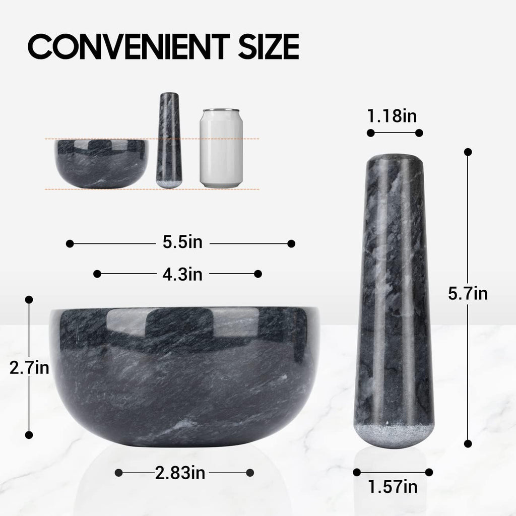 Marble Mortar and Pestle Set Large Solid Stone Grinder Spice Herb Grinder Pill Crusher (Black, Diameter 5.5")