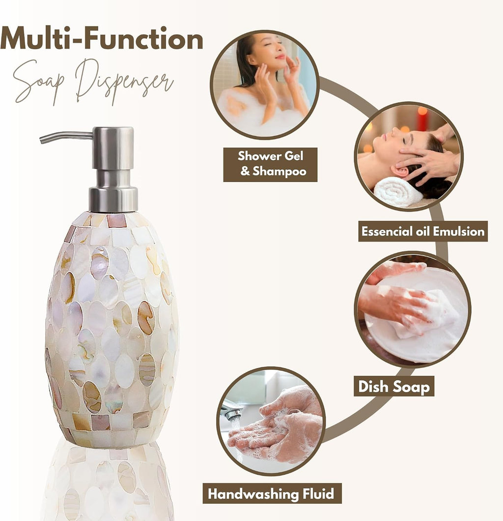 Natural Shell Bathroom Accessories Set 3 Pcs | Handcrafted Mother of Pearl Mosaic Glass Soap Dispenser, Toothbrush Holder, Cotton Jar | Luxury Coastal Bathroom Decor