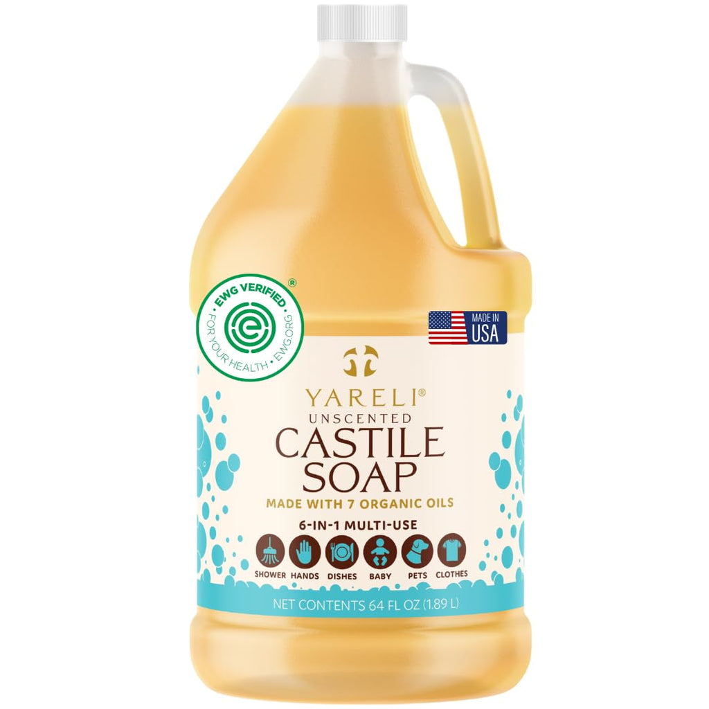 Pure Castile Soap Liquid Unscented 64Oz – EWG Verified Organic Oils, Fragrance-Free Body Wash, Castile Soap for Bath Body Home Laundry – Made in USA, Vegan