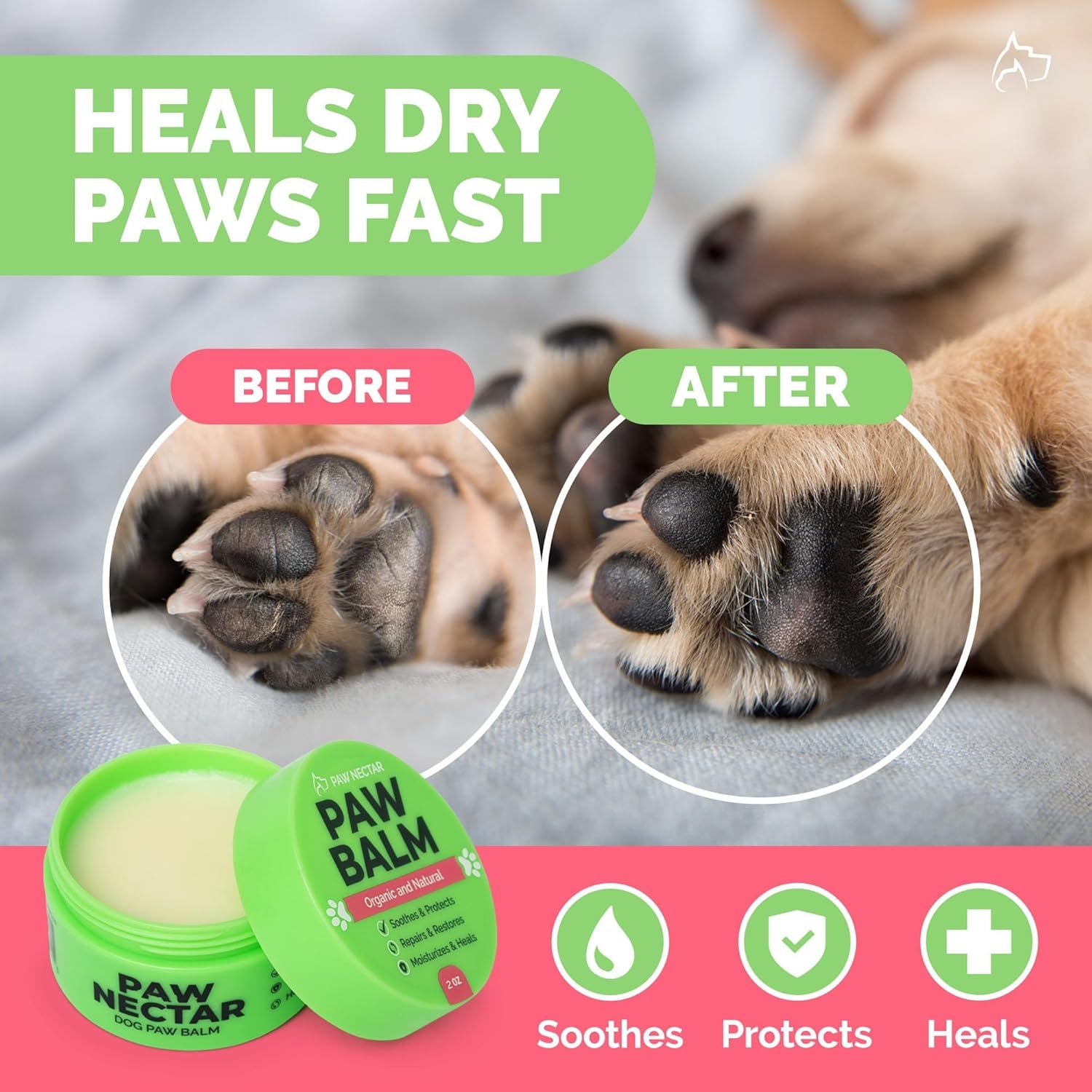 Natural Lick Safe Dog Paw Balm - 2 Pack 100% Organic Dog Paw Pad Balm Protector, Moisturizer & Soother for Dry Cracked Paws, Hot Pavement - Heals, Repairs & Restores - Coconut Oil, Shea Butter (2Oz*2)
