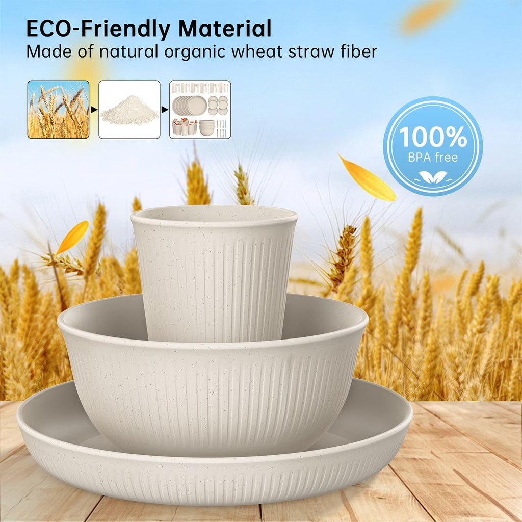 68 Pcs Wheat Straw Dinnerware Sets for 6, Unbreakable Dinnerware Sets, Reusable Wheat Straw Plates and Bowls Sets, Travel Camping Cutlery Set, Dishwasher Microwave Safe Dinnerware, Beige