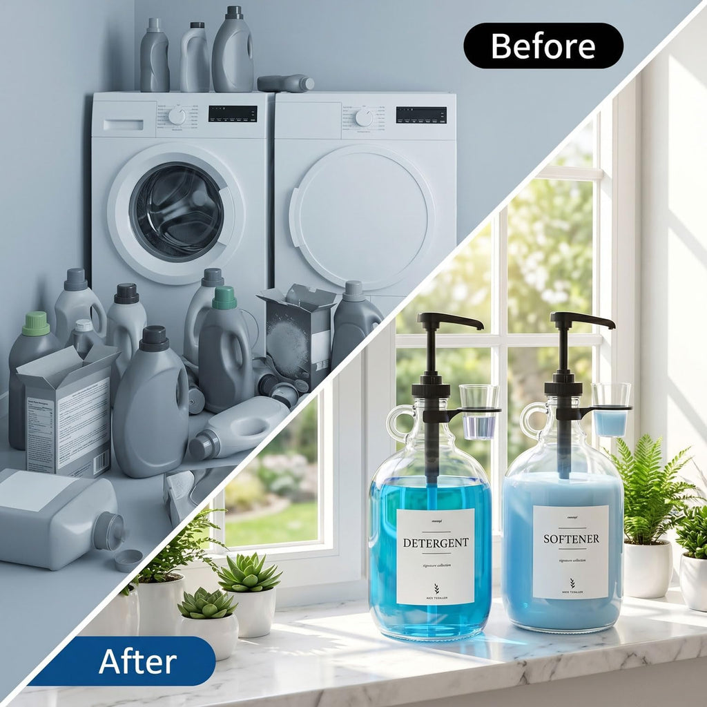 2 Pcs Glass Liquid Laundry Detergent Dispenser with Cup Holders, Half Gallon Dispenser for Laundry Room (64 Oz. Each), Laundry Detergent Bottles with Pump Dispenser - (Black Pumps)