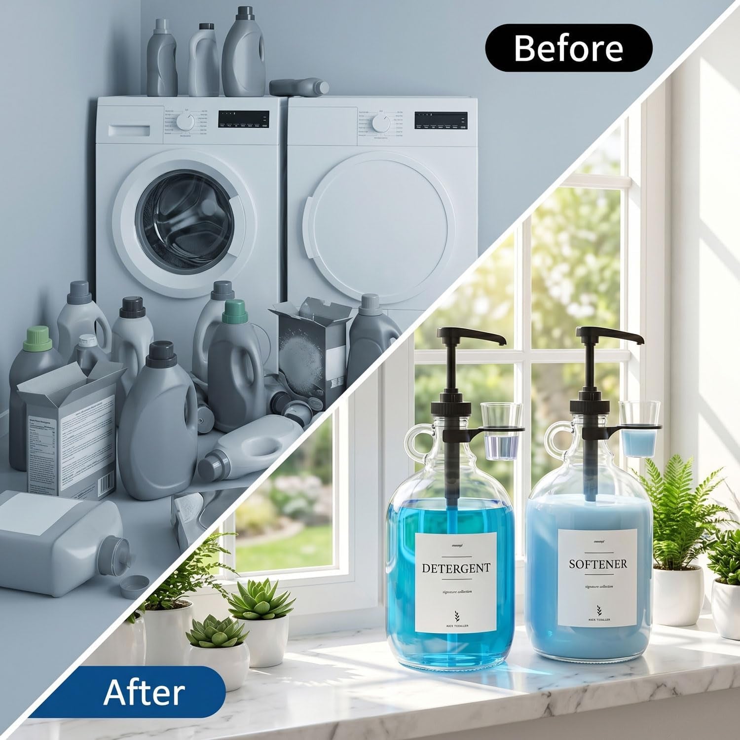 2 Pcs Glass Liquid Laundry Detergent Dispenser with Cup Holders, Half Gallon Dispenser for Laundry Room (64 Oz. Each), Laundry Detergent Bottles with Pump Dispenser - (Black Pumps)