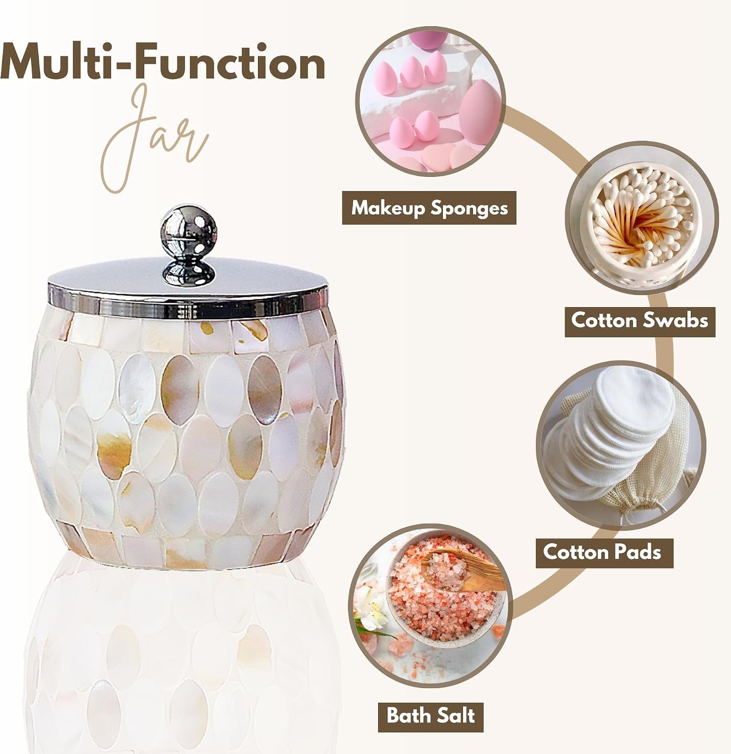 Natural Shell Bathroom Accessories Set 3 Pcs | Handcrafted Mother of Pearl Mosaic Glass Soap Dispenser, Toothbrush Holder, Cotton Jar | Luxury Coastal Bathroom Decor
