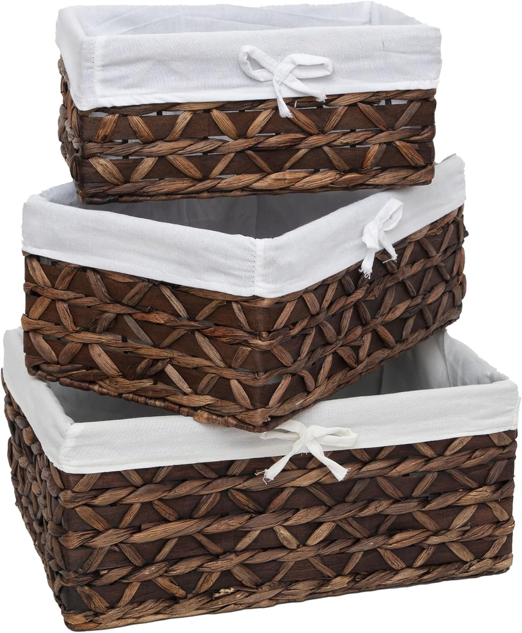 Natural Water Hyacinth Storage Baskets Set of 3 with Metal Frame & Removable Liner, Rectangular Wicker Organizer Bins for Home Bedroom Living Room Bathroom Closet Organization