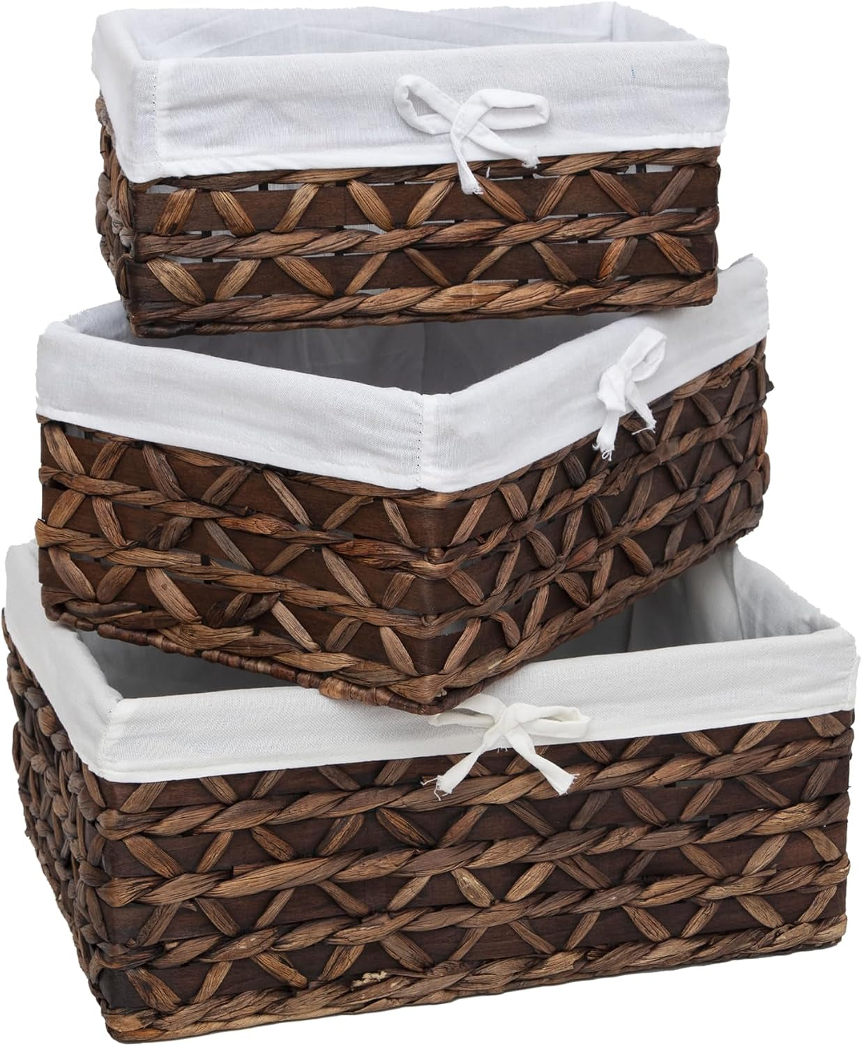 Natural Water Hyacinth Storage Baskets Set of 3 with Metal Frame & Removable Liner, Rectangular Wicker Organizer Bins for Home Bedroom Living Room Bathroom Closet Organization