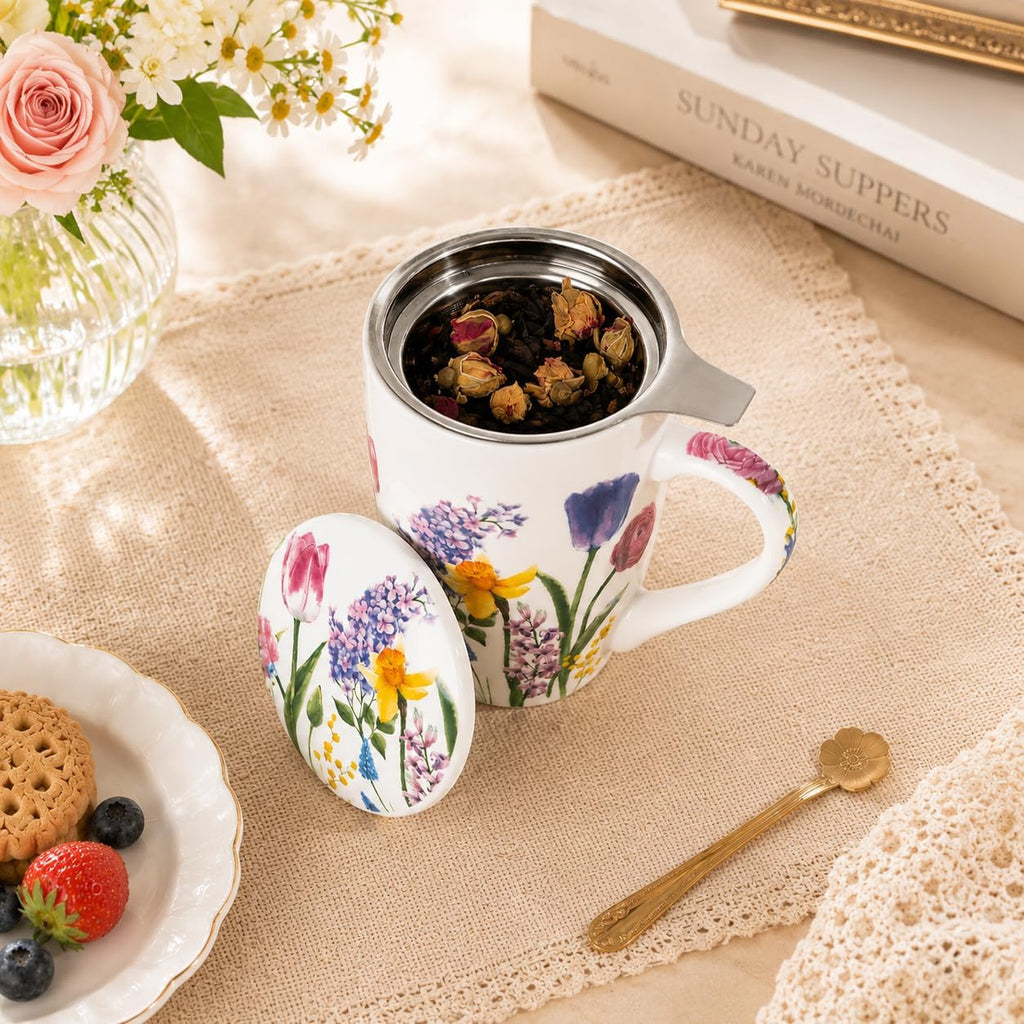 Tea Mug with Infuser and Lid, 18 Ounce Large Ceramic Loose Leaf Cup, Microwave, Dishwasher Safe, Perfect for Tea Lovers