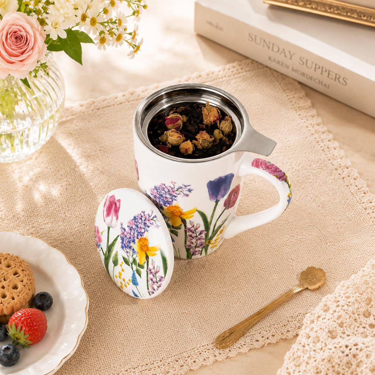 Tea Mug with Infuser and Lid, 18 Ounce Large Ceramic Loose Leaf Cup, Microwave, Dishwasher Safe, Perfect for Tea Lovers
