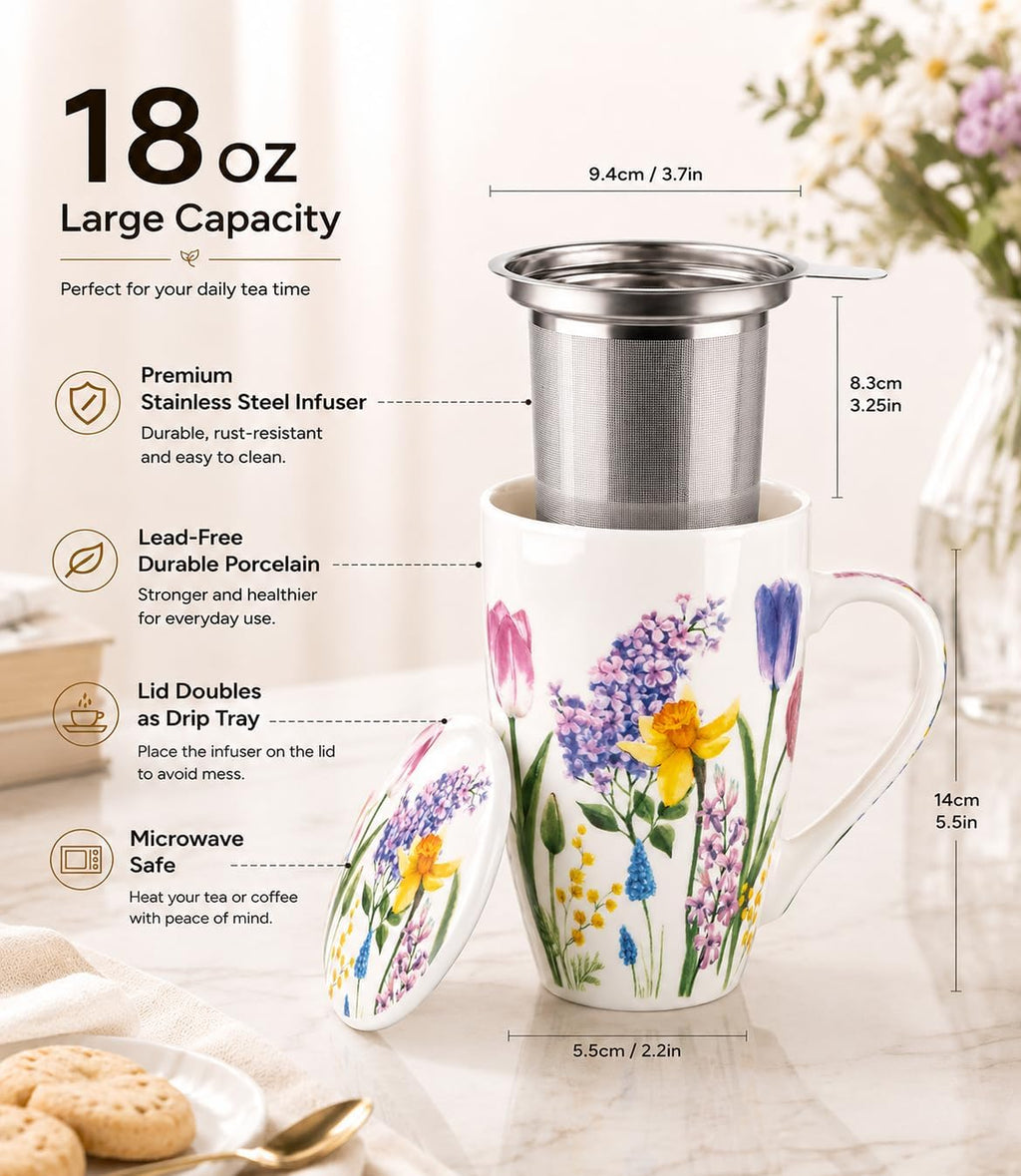 Tea Mug with Infuser and Lid, 18 Ounce Large Ceramic Loose Leaf Cup, Microwave, Dishwasher Safe, Perfect for Tea Lovers