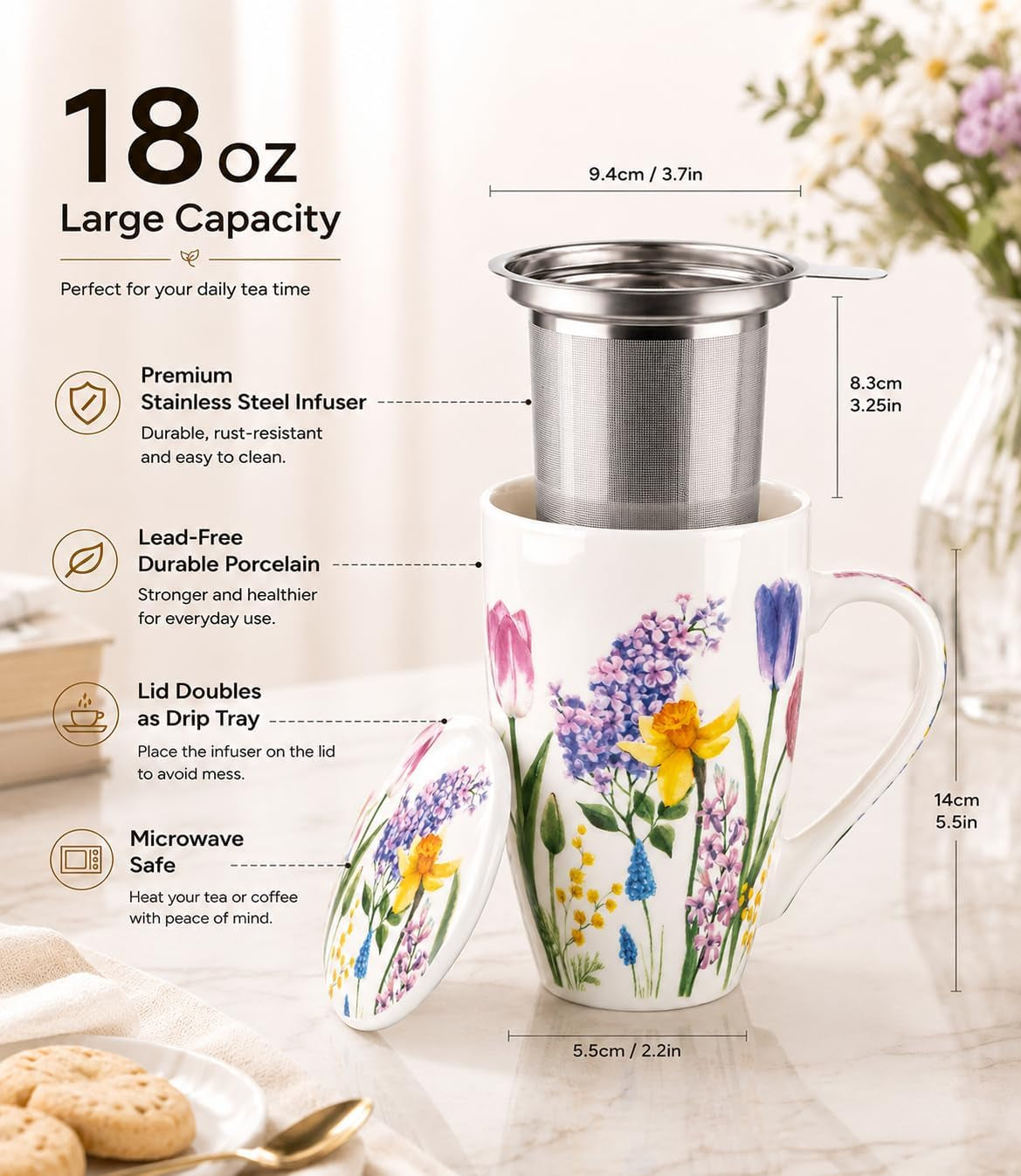 Tea Mug with Infuser and Lid, 18 Ounce Large Ceramic Loose Leaf Cup, Microwave, Dishwasher Safe, Perfect for Tea Lovers