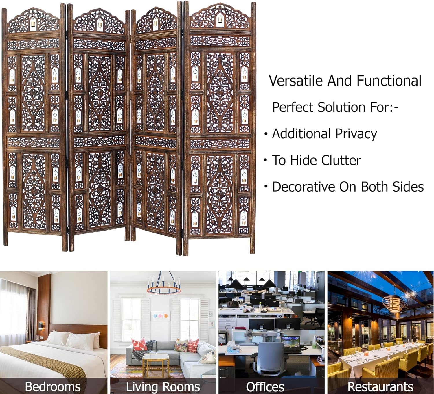 Room Divider Wood Screen - Ghanti Bells Antique Brown - 4 Panel Folding 72 X 80 - Assembled Hand Carved Decorative Functional Versatile Portable Partition Reversible Privacy Boho -