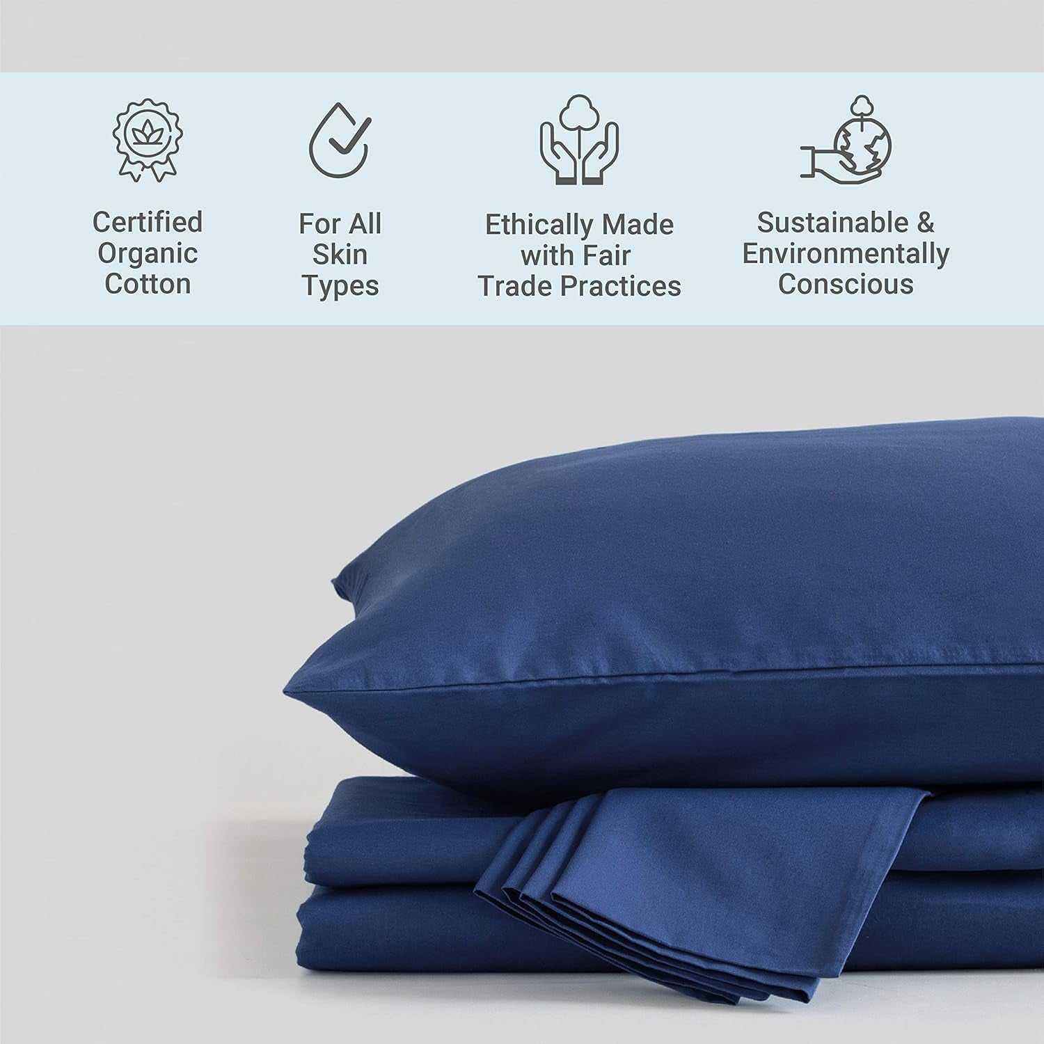 100% Organic Cotton Percale Weave Full Size Sheet Set, 300 TC, GOTS Certified, Cool & Crisp, Breathable, Fits Mattresses up to 17" Deep, Durable Luxury – Dark Blue