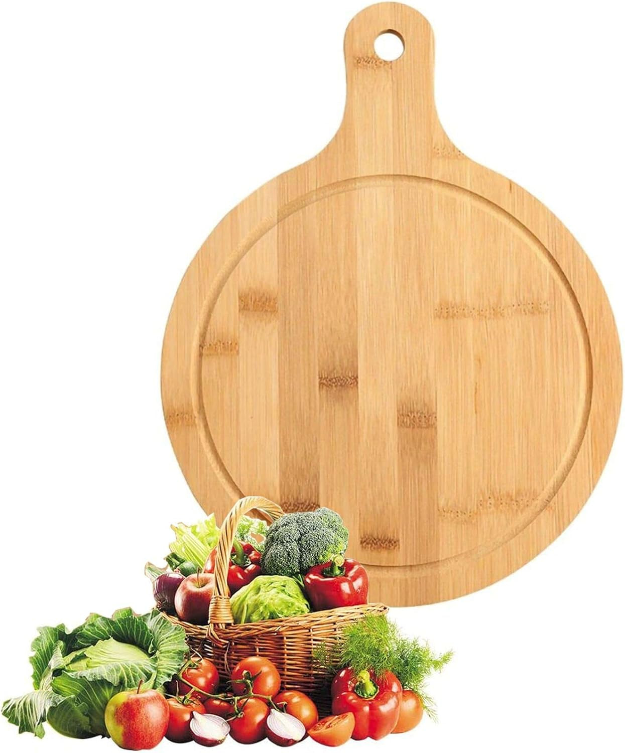 Bamboo Cutting Board Set 3Pcs,Meat Chopping Boards,Pizza Peel Paddle with Handle for Homemade Baking Pizza Bread Cake Fruit Vegetables (3PCS Set- Board)