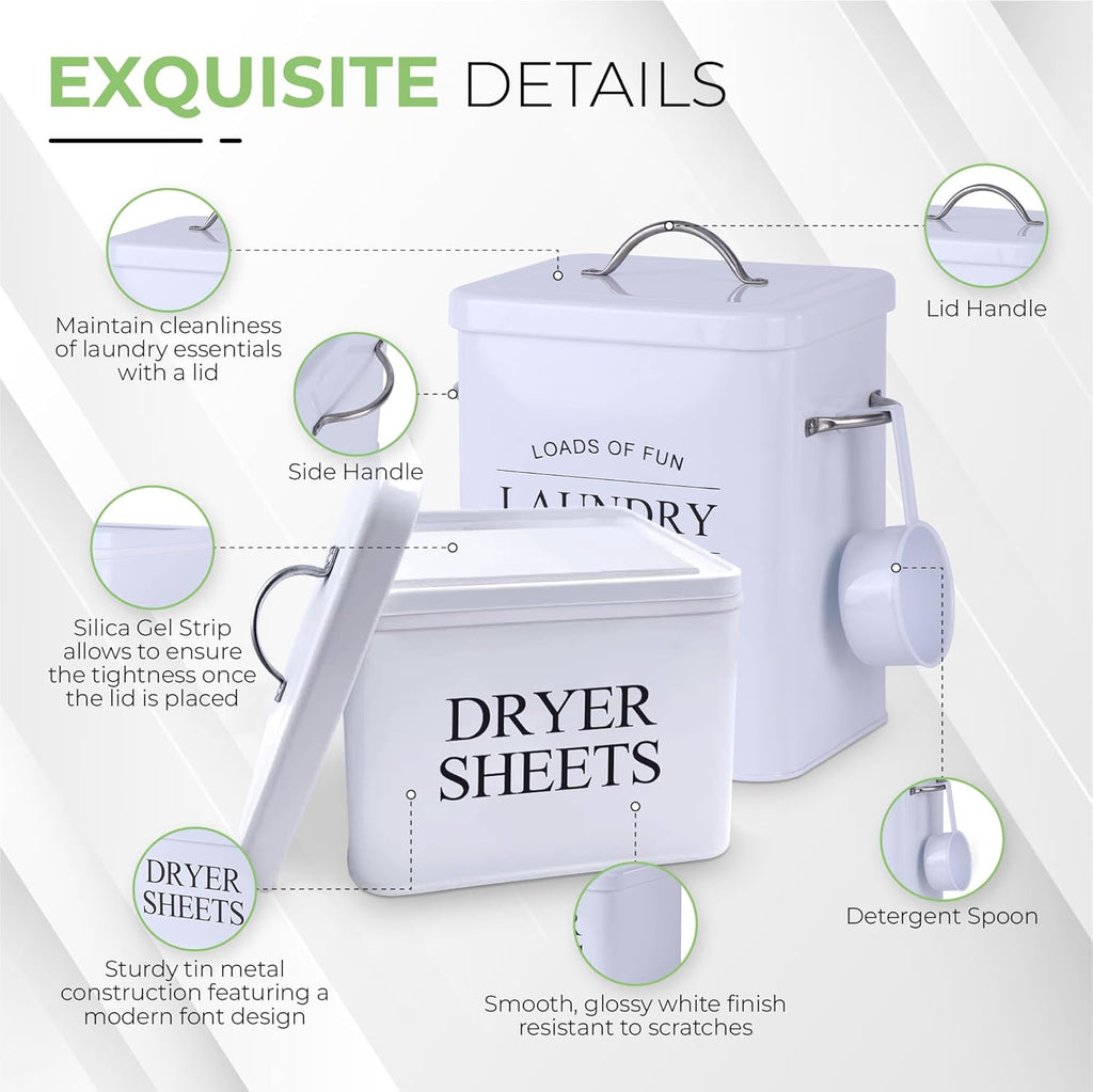 2 Pack Laundry Detergent Container and Dryer Sheet Holder Dispenser with Hermetic Seal,Farmhouse Laundry Room Organization Containers, Large Metal Laundry Detergent Powder Storage with Scoop