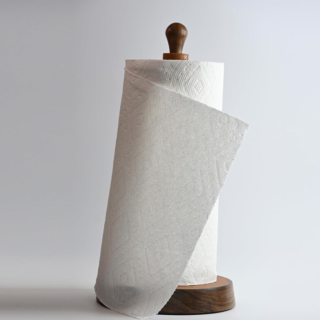 Paper Towel Holder for Kitchen Countertop - Designer Walnut Wood and Leather Stand with Stabel Base, Modern Organizer for Bathroom