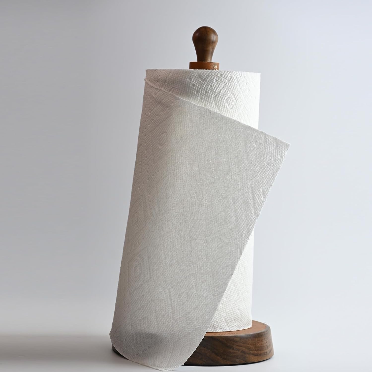 Paper Towel Holder for Kitchen Countertop - Designer Walnut Wood and Leather Stand with Stabel Base, Modern Organizer for Bathroom