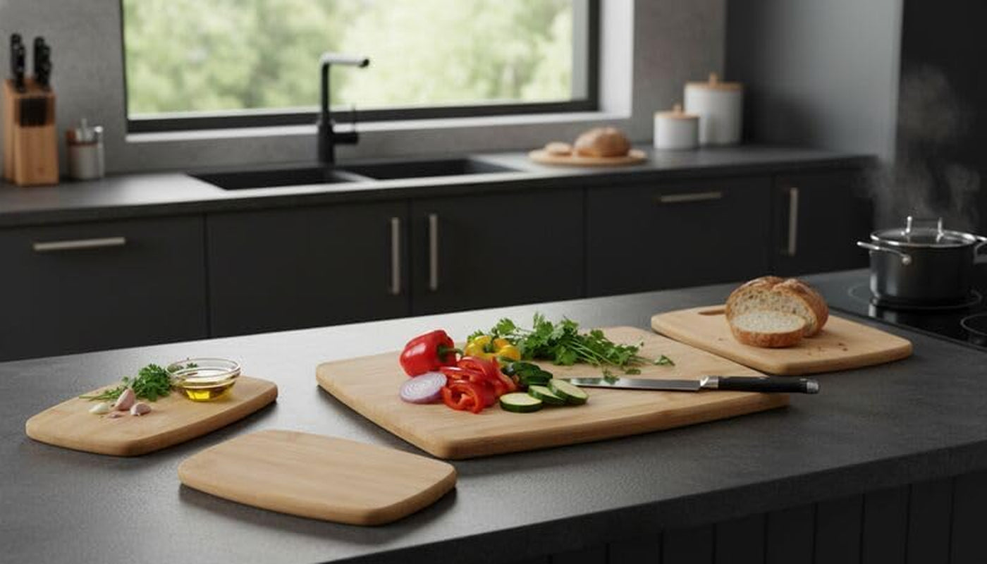 4-Piece Reversible Bamboo Cutting Board and Charcuterie Set, Assorted Sizes, Durable Wood Serving Boards for Cheese, Meats, and Prep