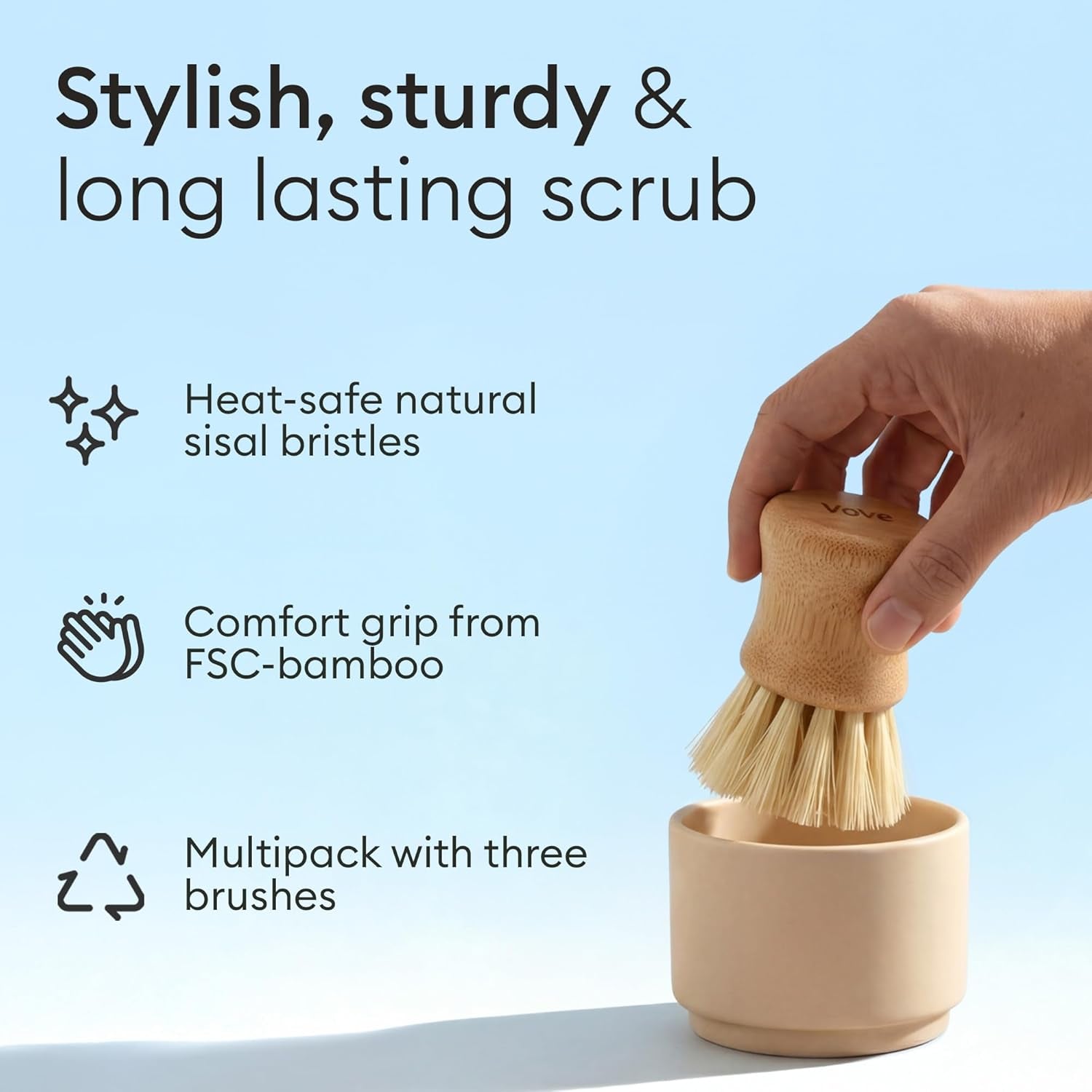 Bamboo Dish Scrub Brush Set, 3-Pack Plastic-Free Kitchen Brushes for Dishes Pots and Cast Iron, Fsc-Certified Bamboo with Natural Sisal and Union Fiber Bristles, 2 Hard and 1 Medium Brush