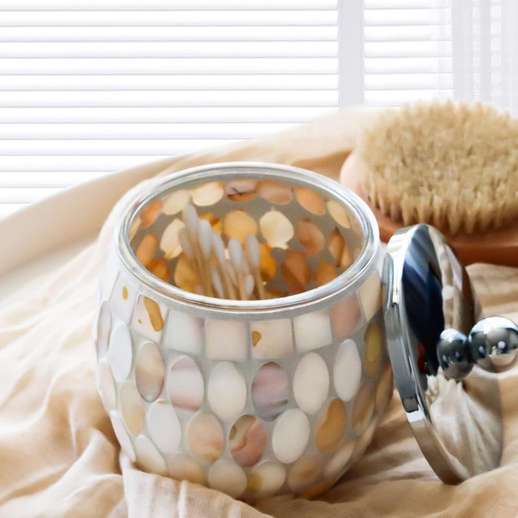 Natural Shell Bathroom Accessories Set 3 Pcs | Handcrafted Mother of Pearl Mosaic Glass Soap Dispenser, Toothbrush Holder, Cotton Jar | Luxury Coastal Bathroom Decor