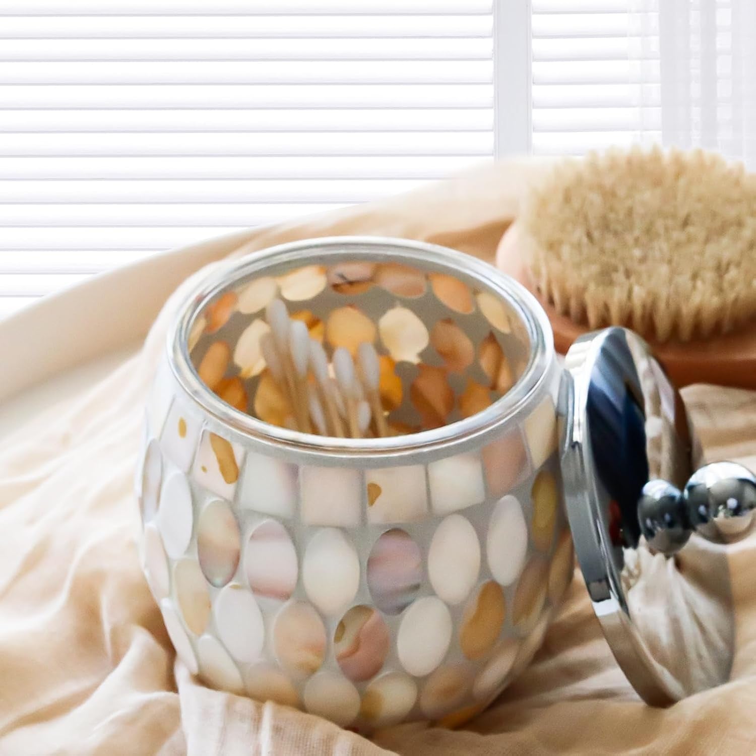Natural Shell Bathroom Accessories Set 3 Pcs | Handcrafted Mother of Pearl Mosaic Glass Soap Dispenser, Toothbrush Holder, Cotton Jar | Luxury Coastal Bathroom Decor