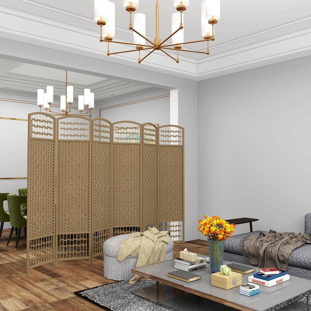 5.6 Ft. Natural Wood Folding Privacy Screen, 6 Panel Room Divider, Wave Fiber Freestanding Partition Wall Divider