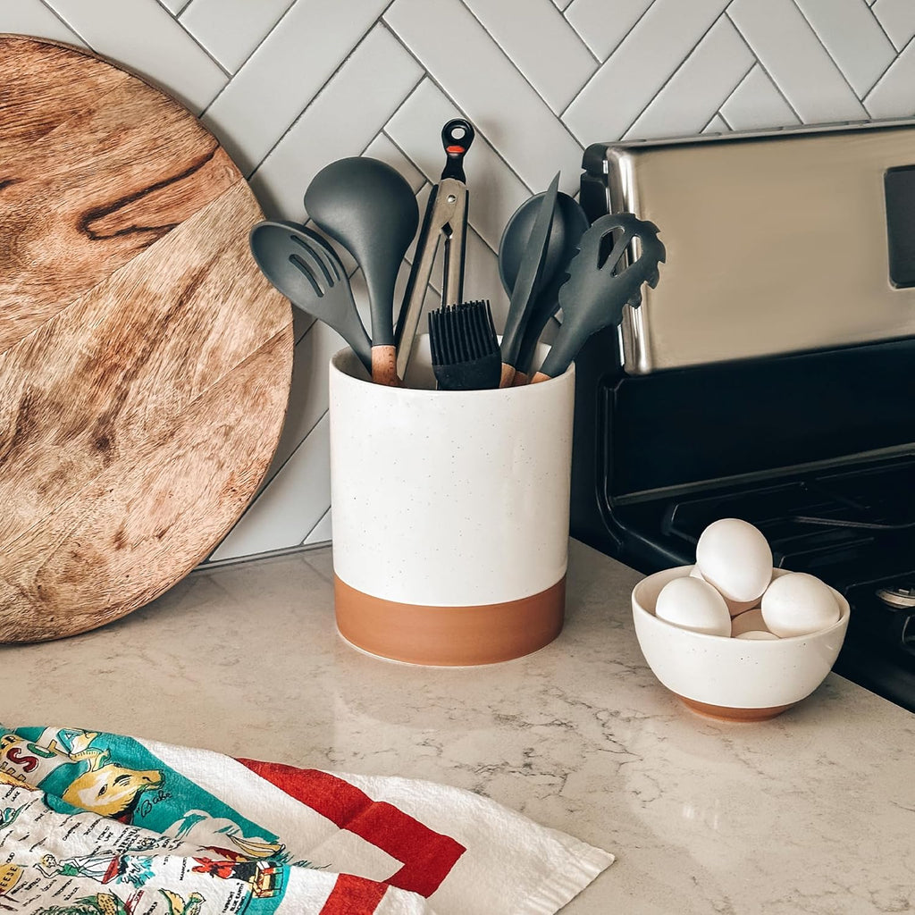 Ceramic Kitchen Utensil Holder - Wooden Spoon & Spatula Crock for Countertop, Modern Farmhouse Home Decor, Extra Large 7.3" Cooking Organizer for Stove Top and Counter - Heavy & Sturdy - Vanilla